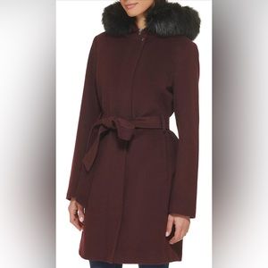Cole Haan Women's Hooded Coat Slick Wool with Detatchable Faux Fur Trim Bordeaux